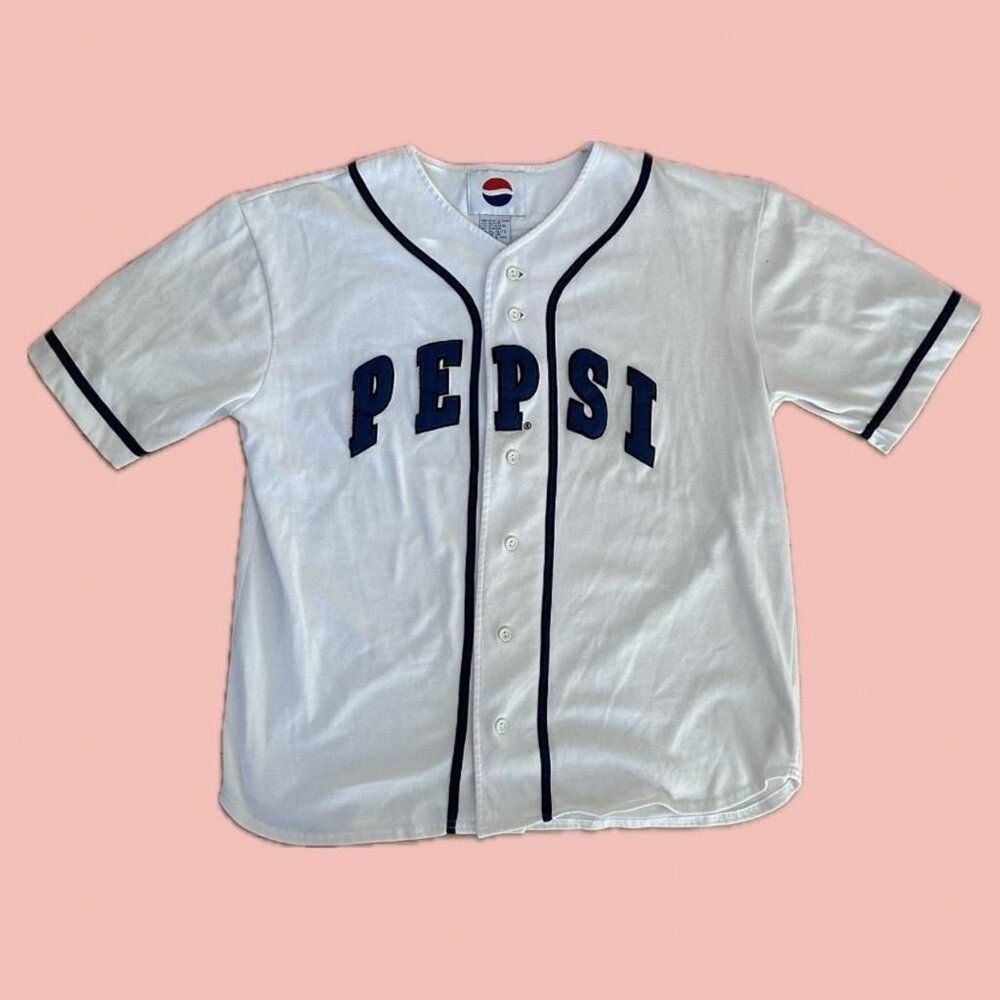 Vintage Pepsi Baseball Jersey – White & Blue Logo – Size L/XL